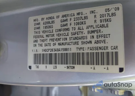 2009 Honda Accord 2.4 Lx from USA, damaged, VIN 1HGCP26349A158811